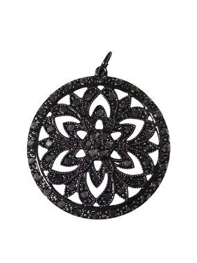 Vintage Black Rhinestone Circular Pendant Intricate Floral Design DIY Jewelry